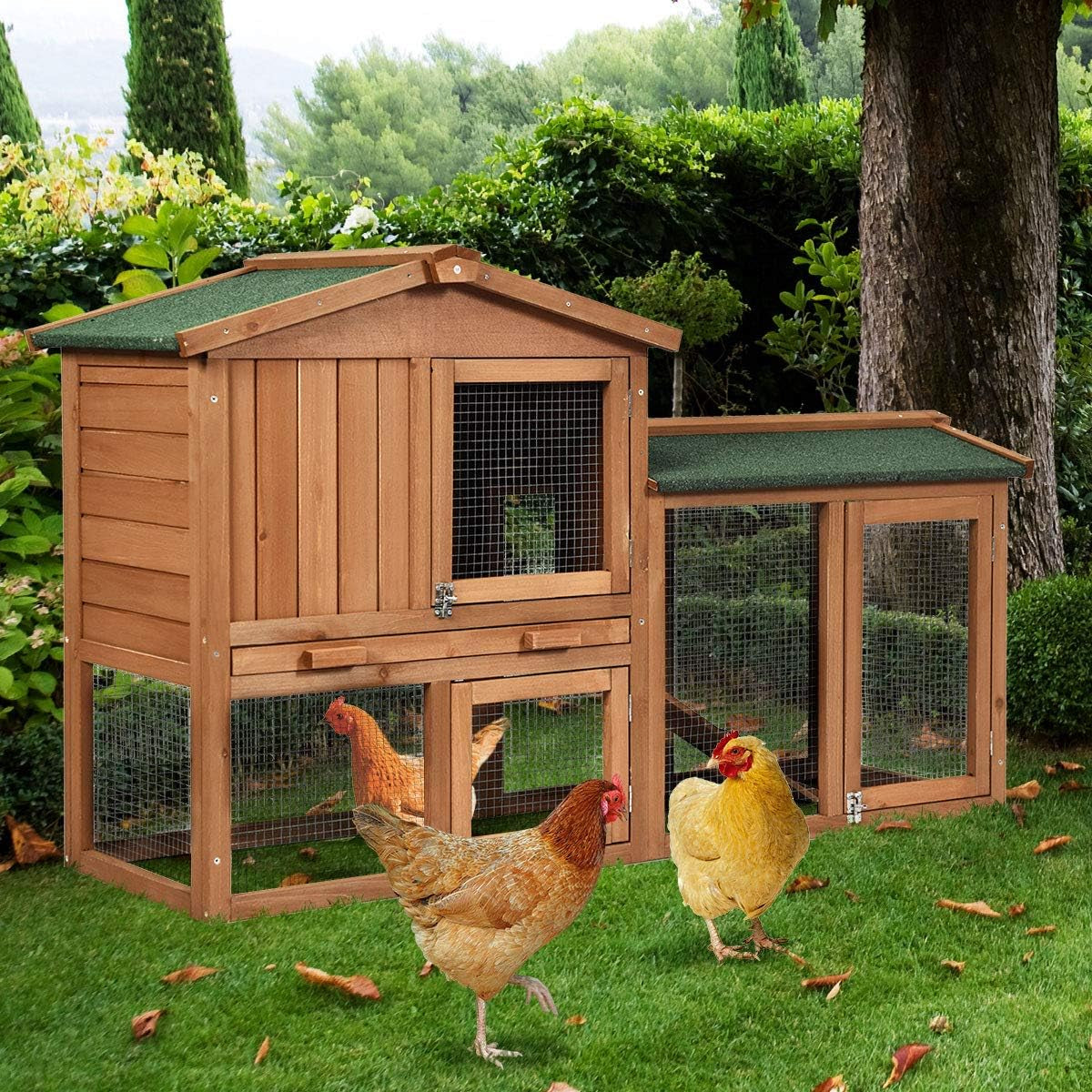 Rabbit Hutch Indoor and Outdoor, 58-Inch Bunny Cage with Removable Tray & Ramp, Wood Chicken Coop with Waterproof Roof for Rabbits, Chicken and Guinea Pigs