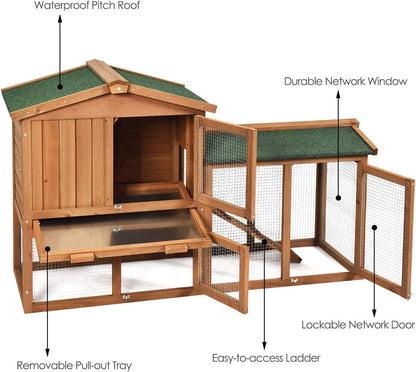 Rabbit Hutch Indoor and Outdoor, 58-Inch Bunny Cage with Removable Tray & Ramp, Wood Chicken Coop with Waterproof Roof for Rabbits, Chicken and Guinea Pigs