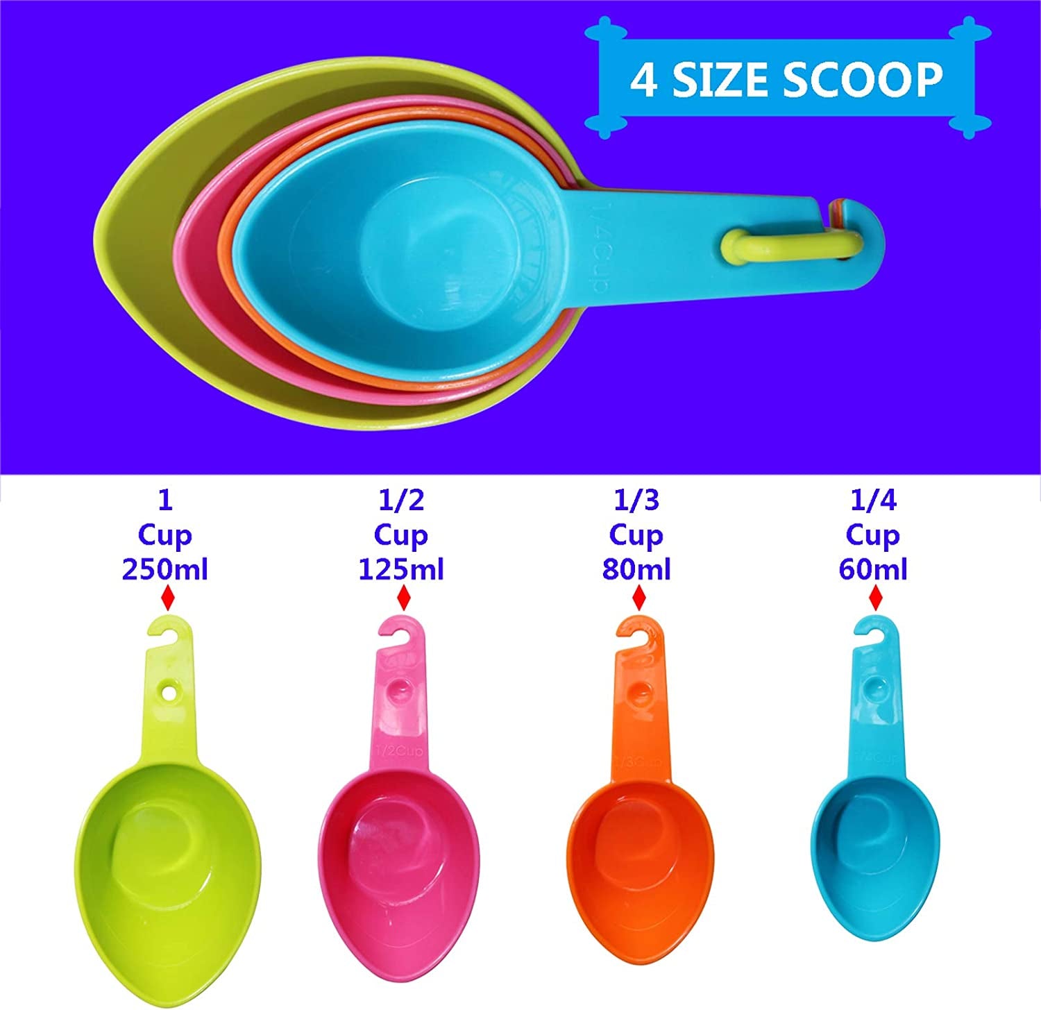 Dog Food Scoop Set of 4 - Plastic Measuring Cups for Dog, Cat and Bird Food (Random Color)