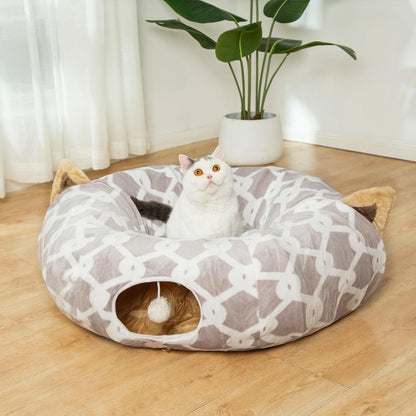 Cat Dog Tunnel Bed with Cushion Tube Toys Oxford Cloth Large Diameter Longer Crinkle Collapsible 3 Way for Large Cats Kittens Kitty Small Puppy Outdoor 3FT